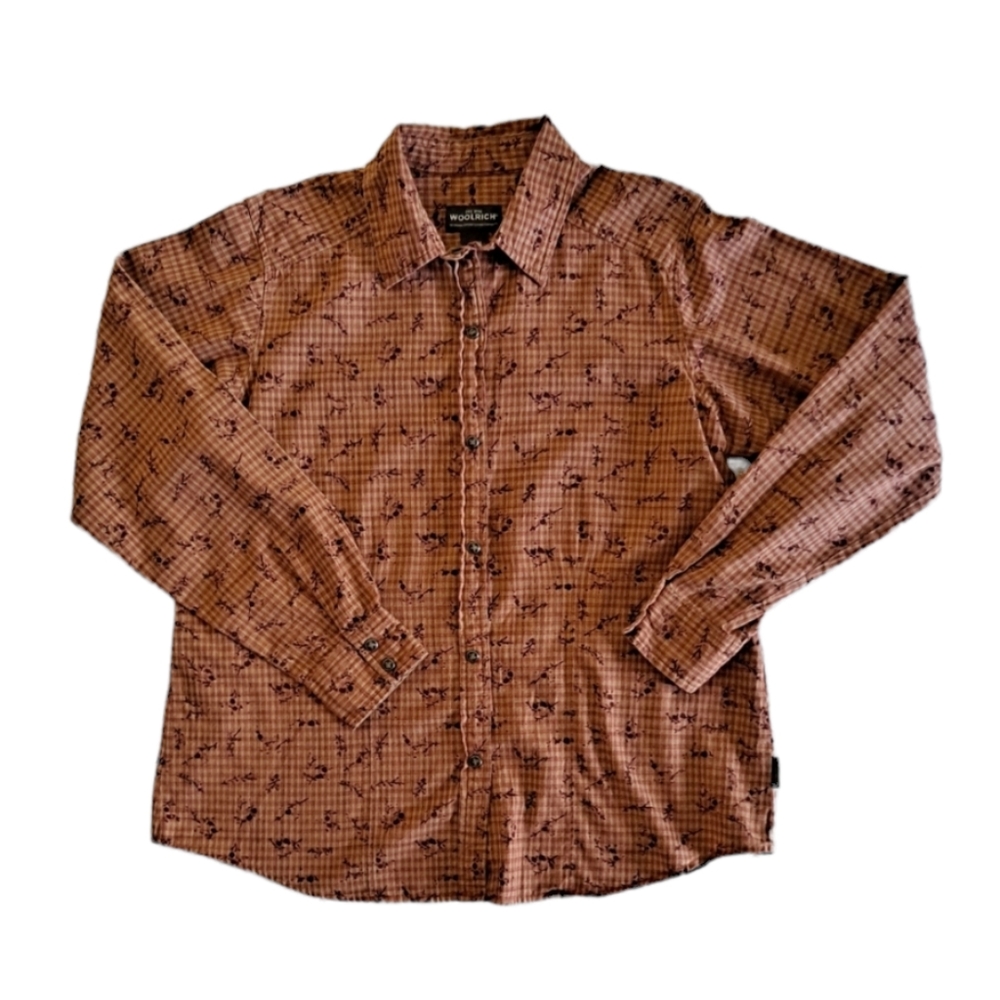Woolrich orange plaid long sleeve button down shirt with burgandy roses